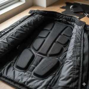 Detail of the large foam back protector and kidney padding section inside a touring-style motorcycle jacket.