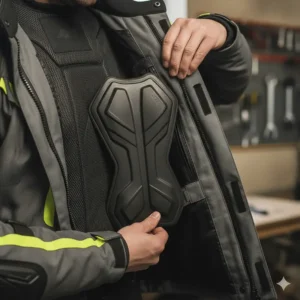 A dedicated internal pocket specifically sized to accommodate an aftermarket CE-rated back protector in an armored jacket.