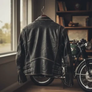 Rear view of a classic black vintage biker jacket showing the adjustable waist belts and reinforced back panel design.