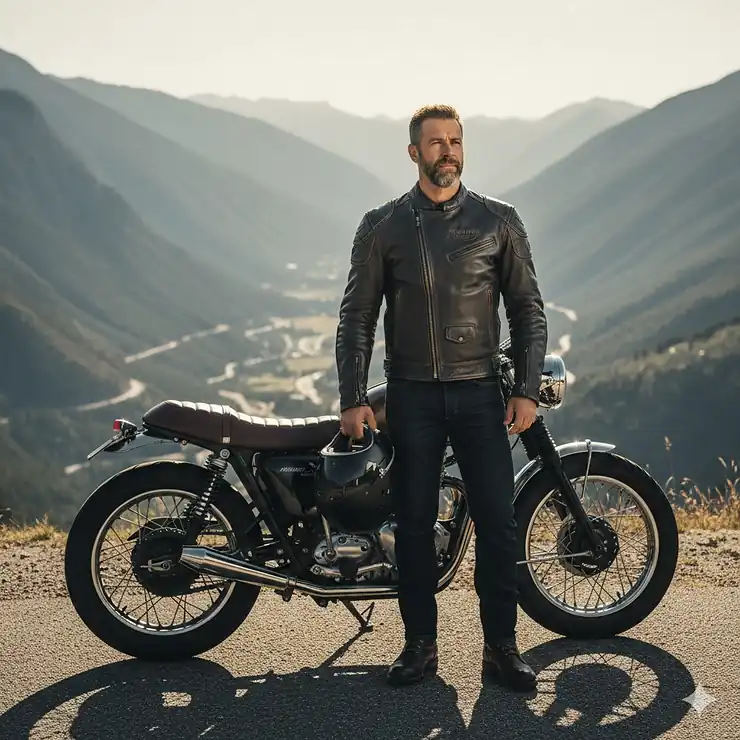 A rider wearing the best leather motorcycle jacket for style, protection, and durability, standing next to a classic cruiser motorcycle.