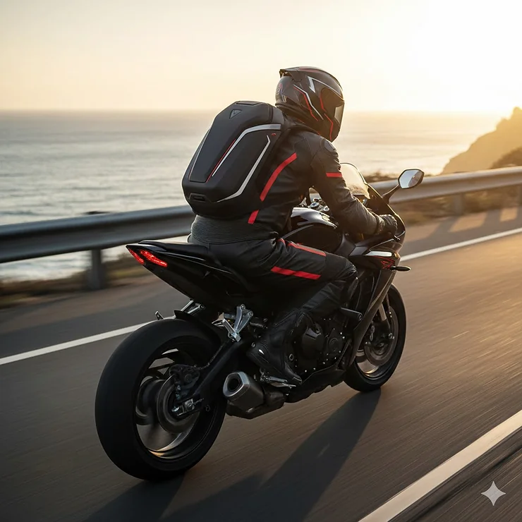 A motorcyclist riding a sportbike wearing the best motorcycle backpack with an aerodynamic hardshell design.
