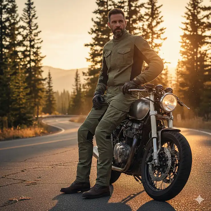 A male rider wearing protective reinforced motorcycle cargo pants while sitting on a modern cruiser bike.