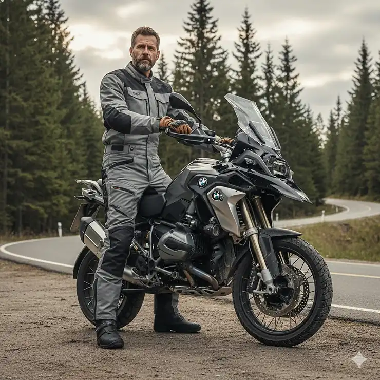 A rider wearing heavy-duty textile motorcycle overpants while seated on a touring bike.