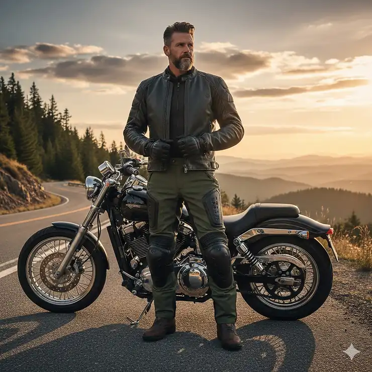A man wearing protective armored motorcycle pants and riding boots standing next to a cruiser bike. motorcycle pants for men