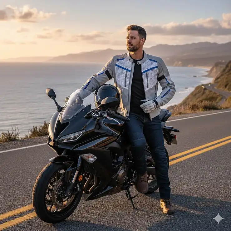 A rider wearing the best summer motorcycle jacket, featuring high-flow mesh and light-colored textile for maximum airflow and comfort in hot weather.