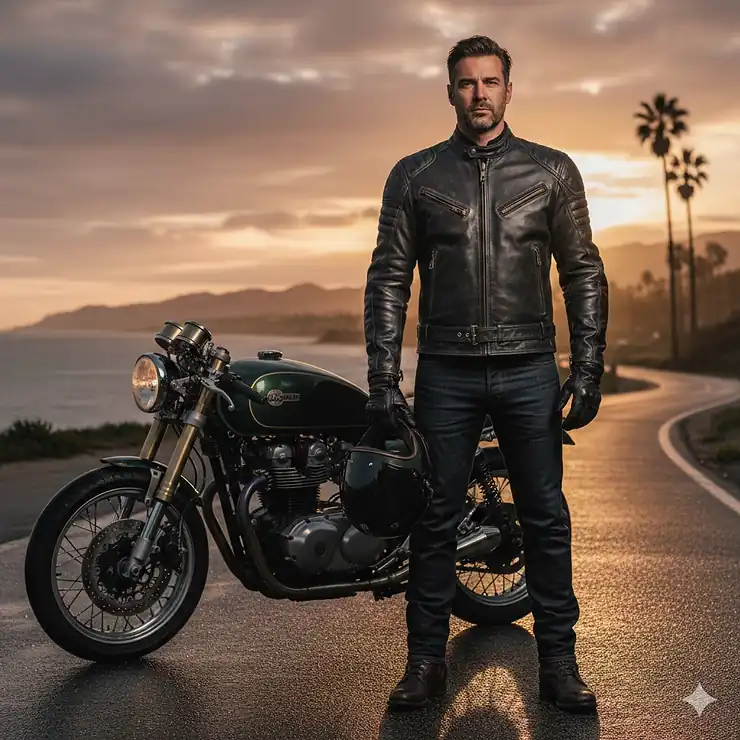 A rider wearing a protective black padded motorcycle jacket standing beside a sport bike. The jacket features CE-approved armor and reflective piping for safety.