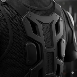 Macro view of the moisture-wicking breathable mesh fabric used in a summer motorcycle armor vest.