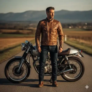 A vintage-look brown distressed leather motorcycle jacket offering an alternative style to the classic black for casual riding.