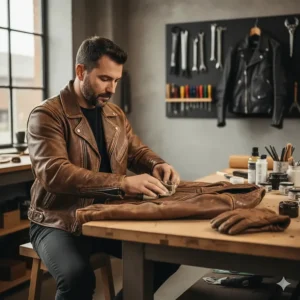 Image demonstrating how to properly condition and care for a men's leather motorcycle jacket to maintain its longevity.