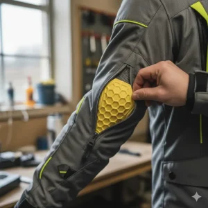 Close-up of CE-level 2 impact armor being inserted into the elbow pocket of an armored motorcycle jacket.
