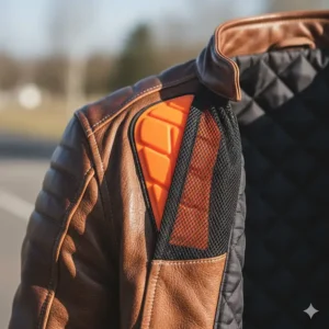 Close-up view of the removable CE-certified armor padding in the shoulder of a high-quality leather motorcycle jacket.