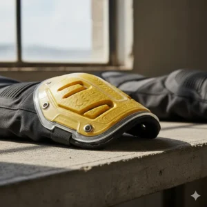 Close-up illustration of CE Level 2 removable armor inserts used in armored motorcycle pants.