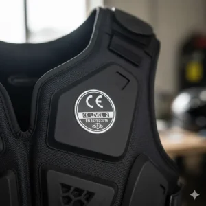 Close-up illustration of the CE Level 2 safety certification stamp on a motorcycle armor vest.