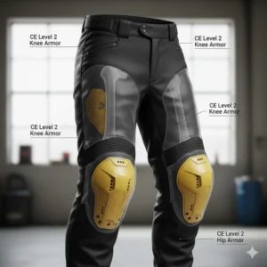 Diagram showing CE Level 2 hip and knee armor inserts inside protective motorcycle overpants.