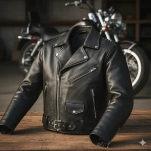 Close-up shot of a classic black leather motorcycle jacket with an asymmetric zipper and lapel collar, ideal for cruiser riders.