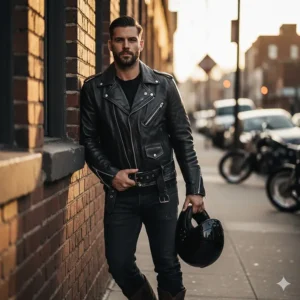 Detailed shot of a classic men's biker leather jacket featuring an asymmetrical zipper, belt, and shoulder epaulets, ideal for a traditional motorcycle look.