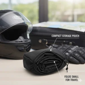 The cooling vest folded up and tucked into its storage bag or carrying pouch, highlighting its compact size for travel.