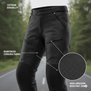 Reinforced Cordura fabric panels on the seat and knees of heavy-duty motorcycle overpants.
