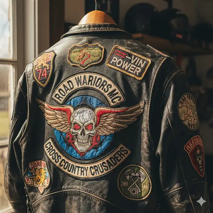 A close-up shot of a black leather motorcycle jacket with several custom embroidered patches sewn onto the back, showcasing different designs and colors. motorcycle jacket patches