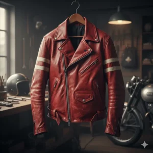 A rare, distressed red vintage motorcycle jacket with white racing stripes on the sleeves.
