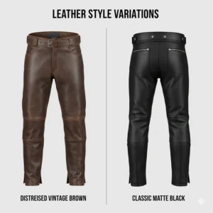 Comparison illustration between distressed vintage brown and classic matte black leather motorcycle chaps.