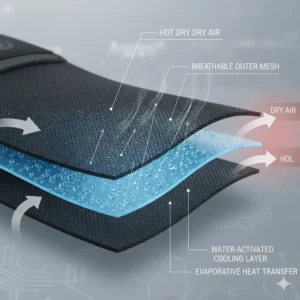 Close-up diagram illustrating the water-activated, evaporative cooling vest technology and how it draws heat away from the body.