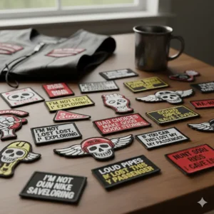 Assortment of smaller, humorous or novelty patches featuring popular biker slogans and graphics.