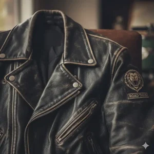 Detail shot of the heavy-duty metal main zipper and snap collar of a durable vintage motorcycle jacket.