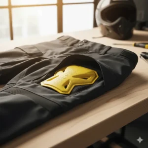 Anatomical illustration showing the correct placement of hip armor pads inside the internal pockets of motorcycle pants.