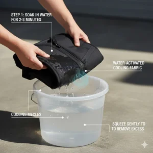 Hands activating a motorcycle cooling vest by soaking it in water before a ride, demonstrating the simple steps for use.