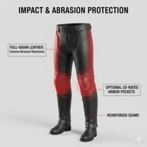 Diagram highlighting the abrasion-resistant zones of full-grain leather motorcycle chaps.