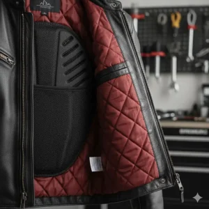 The inside of a leather motorcycle jacket showing a removable thermal liner and pocket for back protector armor.