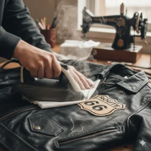 Step-by-step image showing how to correctly apply an iron-on patch to a motorcycle jacket using a household iron.