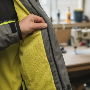 Detail of the inner Kevlar or Aramid fiber lining used in an armored jacket for superior abrasion resistance.