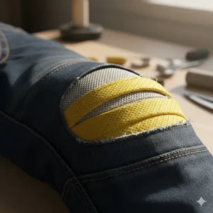 Diagram showing the inner Kevlar or aramid fiber lining of armored motorcycle pants for abrasion resistance.