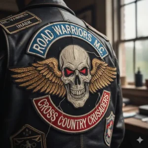 Detail of a large, high-quality back patch for a motorcycle jacket, often called a club patch or rocker.