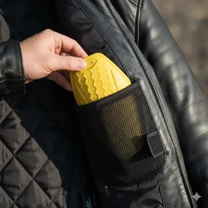 Inside view of the elbow pocket for protective CE-approved armor in a motorcycle leather jacket for men, emphasizing safety features.