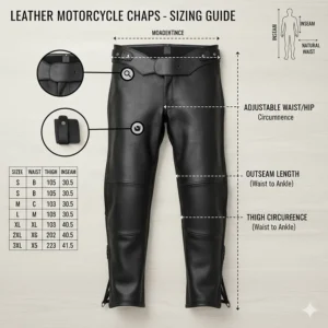 Detailed sizing chart and measurement guide for leather motorcycle chaps including thigh and inseam dimensions.