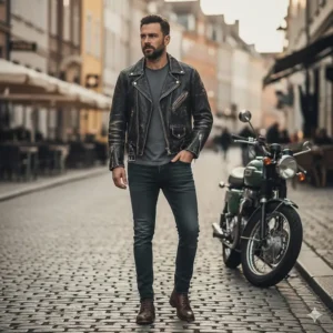 Casual street style photo of a man pairing a vintage biker jacket with a t-shirt and dark pants.