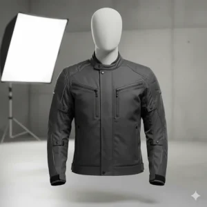 Front view of a dark grey men's padded motorcycle jacket on a mannequin, highlighting the ergonomic fit and protective features.