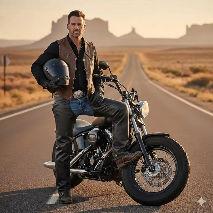 A motorcycle rider wearing heavy-duty black leather motorcycle chaps while leaning against a cruiser bike.