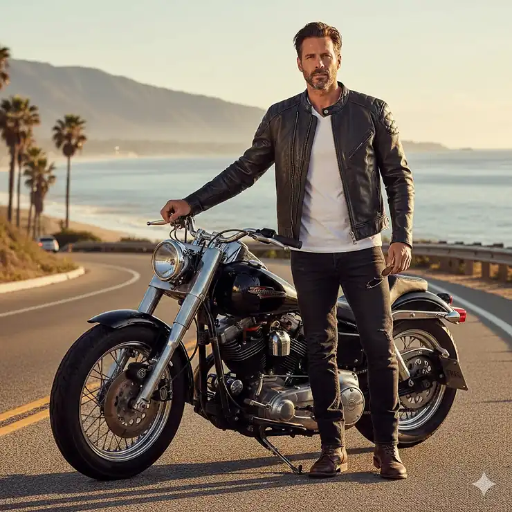 A stylish man standing next to a classic motorcycle, wearing a premium black leather motorcycle jacket for men with a zip-up front and traditional snap collar. motorcycle leather jackets for men