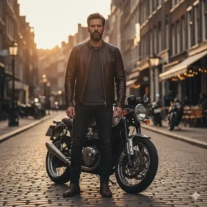 A sleek, minimalist men's cafe racer leather jacket in dark brown, showing off its straight zipper and band collar design.