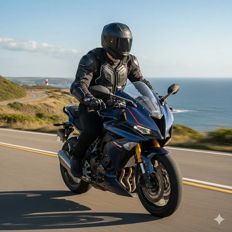 A rider wearing a black heavy-duty motorcycle armor vest while riding a sportbike on an open road.