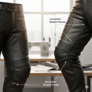 Close-up of accordion stretch panels on the knees and lower back of leather motorcycle pants for men.