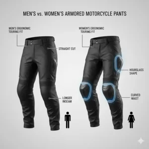 Comparison illustration of ergonomic fit differences between men's and women's armored motorcycle pants.