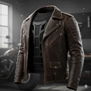 A graphic showing how a slim-profile motorcycle armor vest fits comfortably under a standard leather riding jacket.