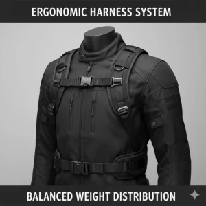 Close-up of an ergonomic motorcycle backpack harness system with chest and waist buckles for weight distribution.