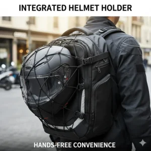 A versatile motorcycle backpack featuring an integrated mesh carrier to securely hold a full-face helmet.