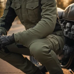 Illustration highlighting accordion stretch panels on the waist and knees of motorcycle cargo pants for better riding mobility.
